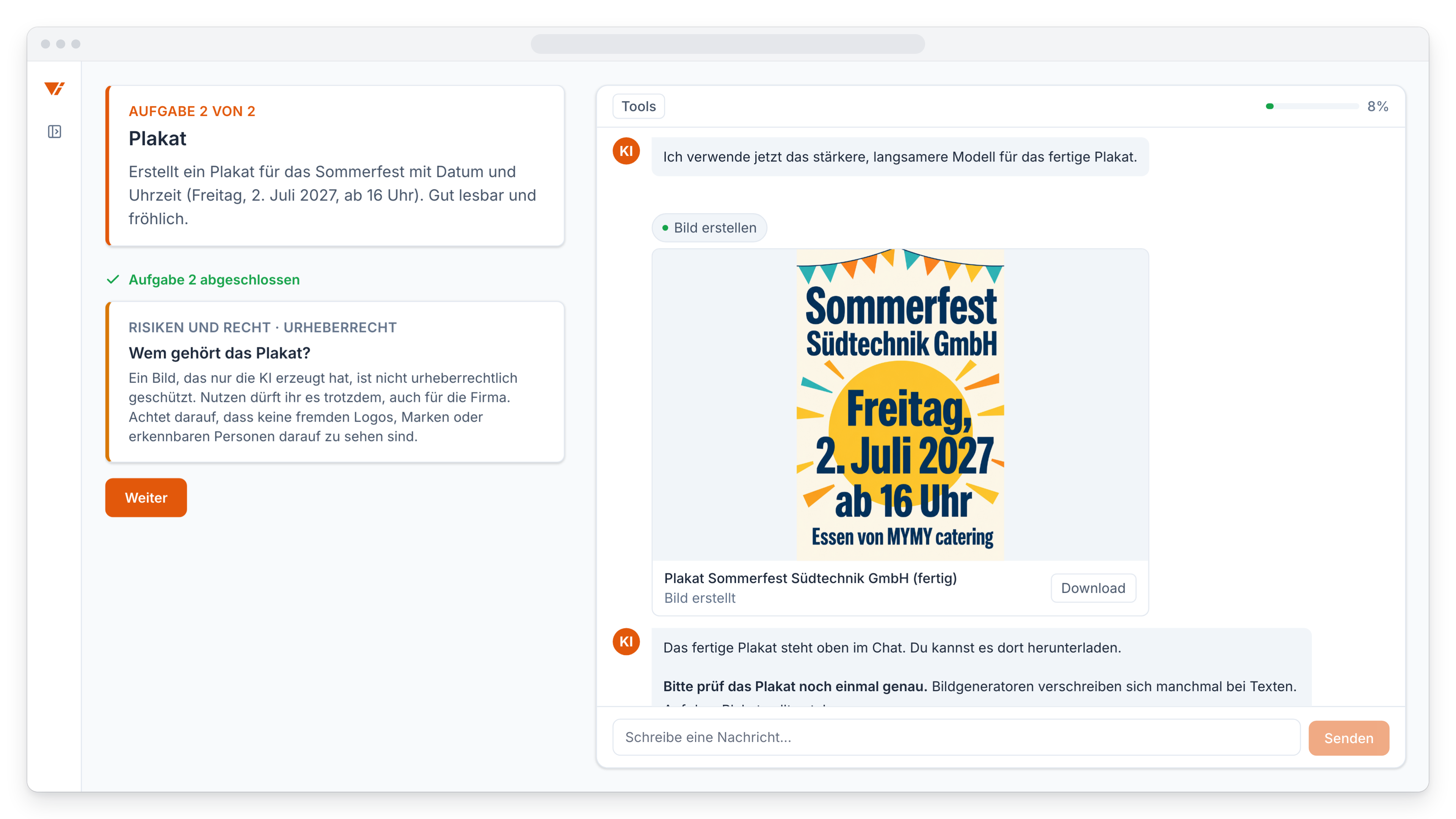 Chat mit einem von der KI erzeugten Plakat für die Firmenfeier