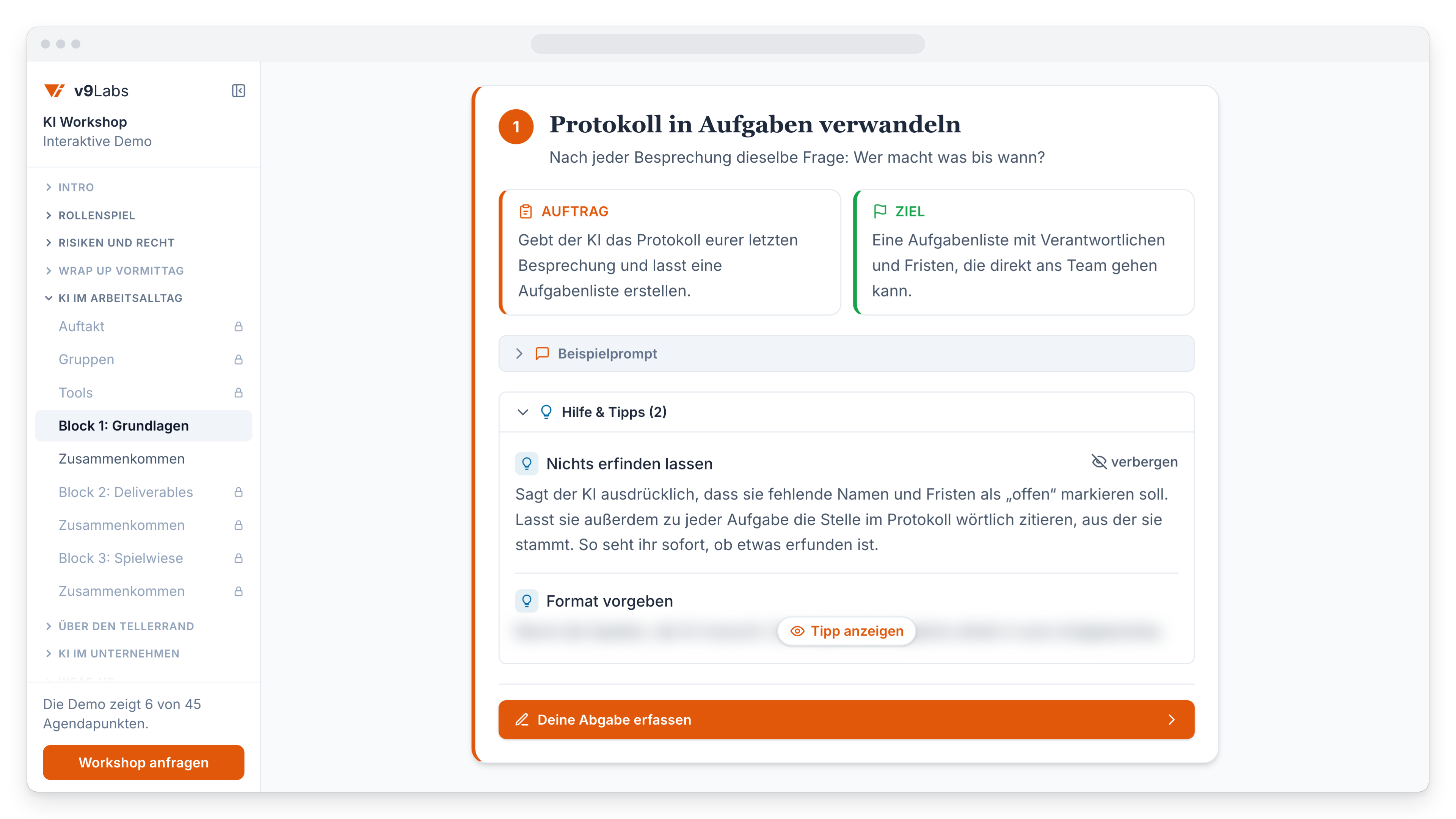 Aufgabenkarte mit Auftrag, Ziel und aufklappbaren Tipps