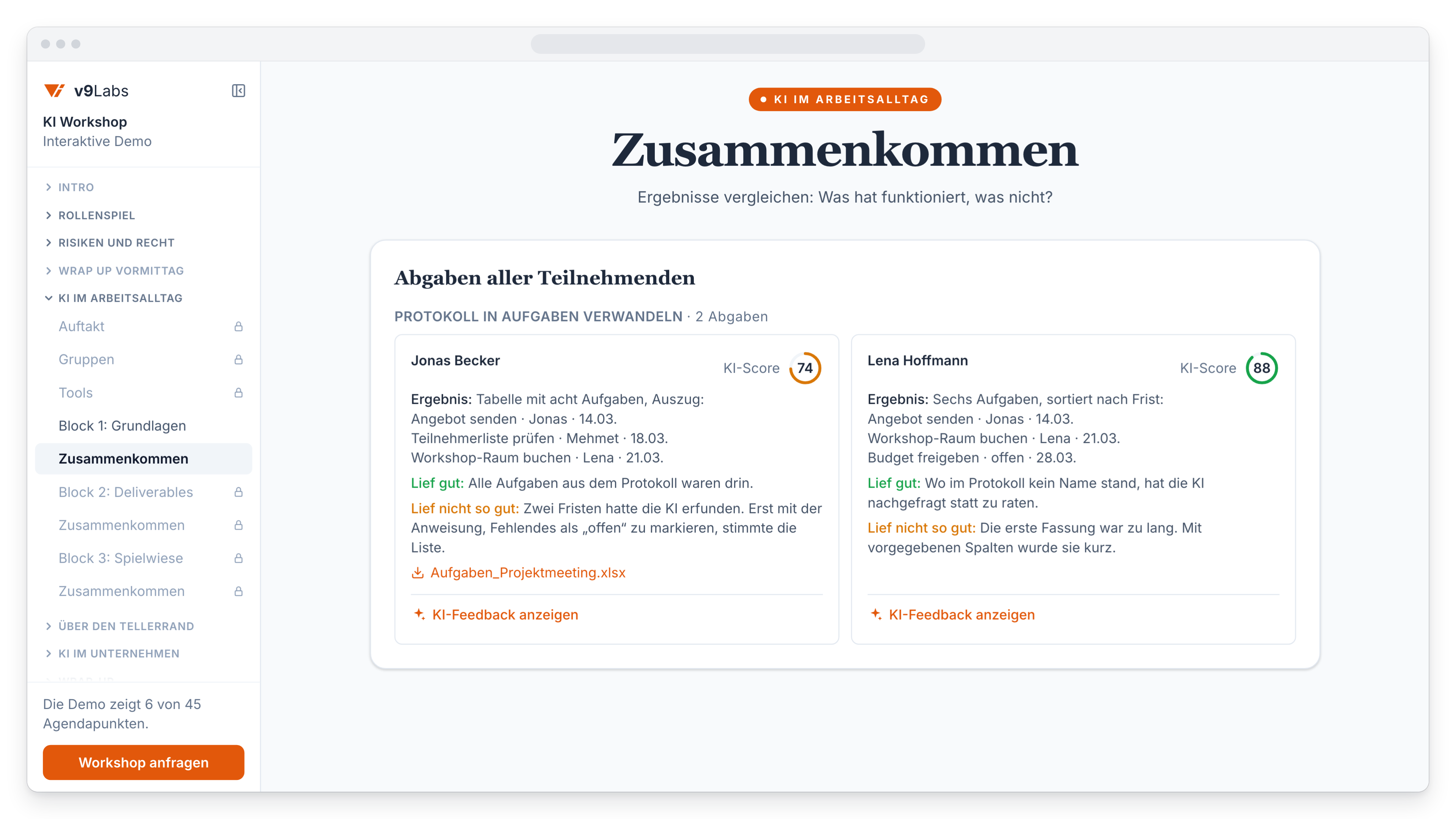 Abgaben zweier Teilnehmender nebeneinander, jeweils mit Notizen zu dem, was gut und was nicht so gut lief